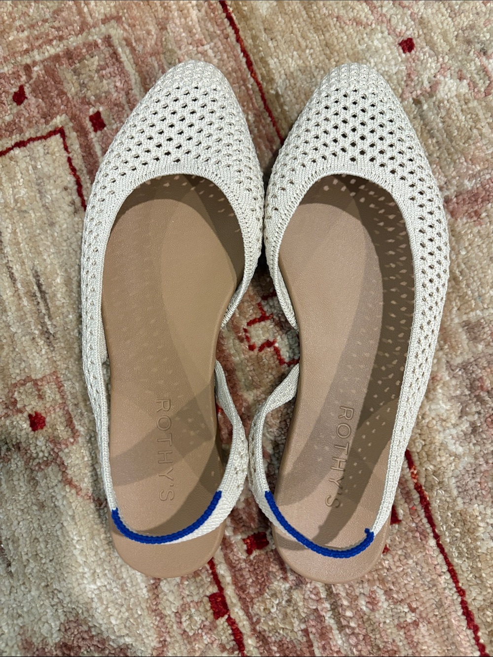 Rothy's Cream Knit Pointed Slingback Flats with Blue Accent